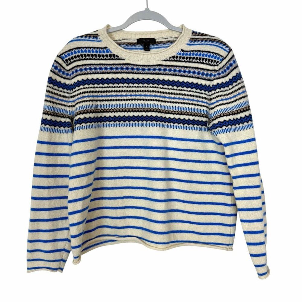 J.Crew Wool Sweater Womens Large Cream Blue Fair Isle Striped Crewneck Nordic L